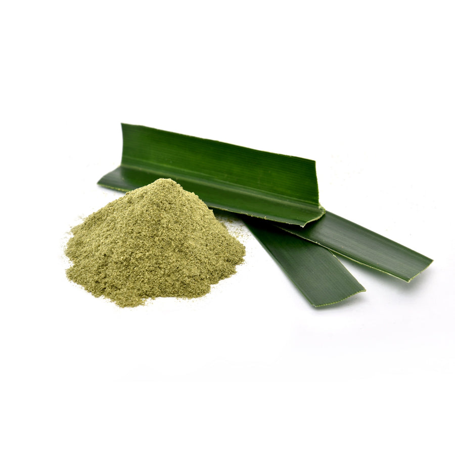 Ground Sri Lankan pandan (rampe) leaf powder with fresh pandan leaves