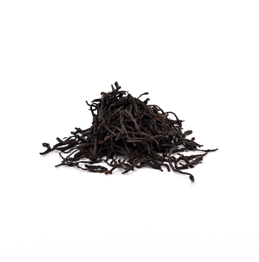 Long, wiry twisted leaves of Nuwara Eliya OP1 Ceylon black tea