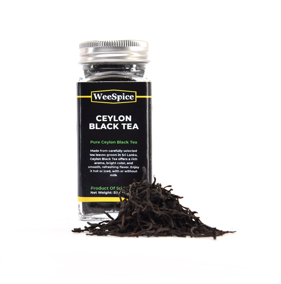WeeSpice Ceylon Black Tea, Nuwara Eliya OP1 in a 50 g (1.76 oz) glass bottle
