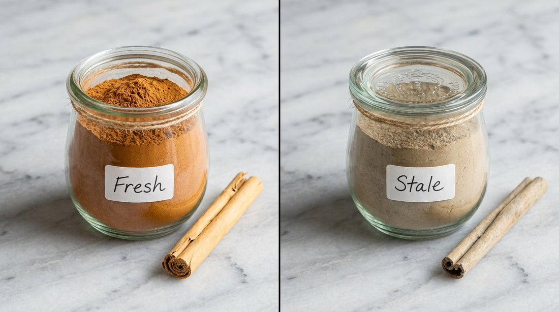fresh vs stale cinnamon comparison — vibrant reddish-tan versus dull pale ground cinnamon color test