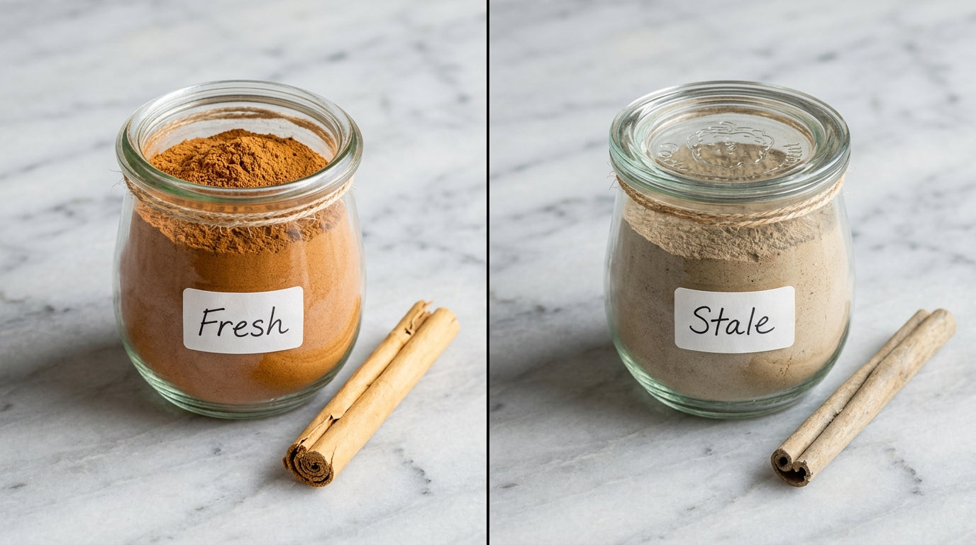 fresh vs stale cinnamon comparison — vibrant reddish-tan versus dull pale ground cinnamon color test