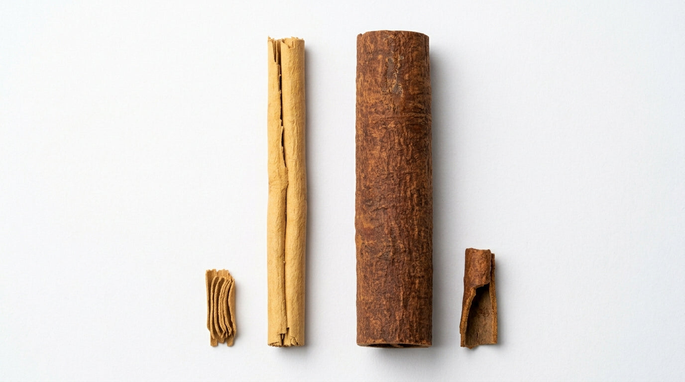  product comparison photography, shot on white seamless paper background with even soft-box lighting from above. Two cinnamon sticks placed parallel on the surface, touching near the center. 