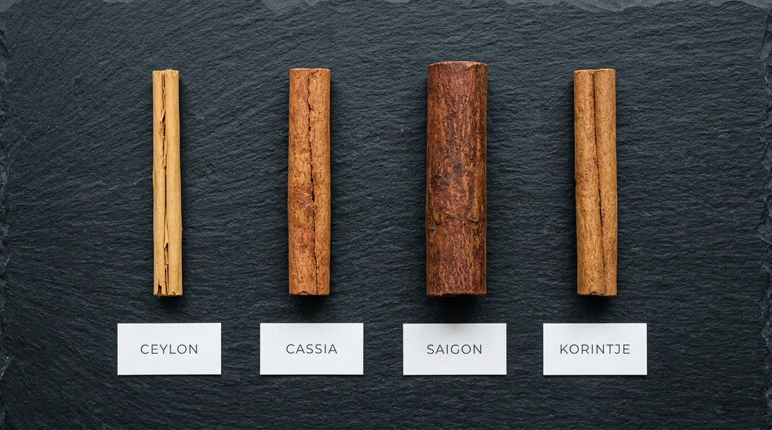 four types of cinnamon sticks side by side — Ceylon, Chinese cassia, Saigon, and Korintje comparison