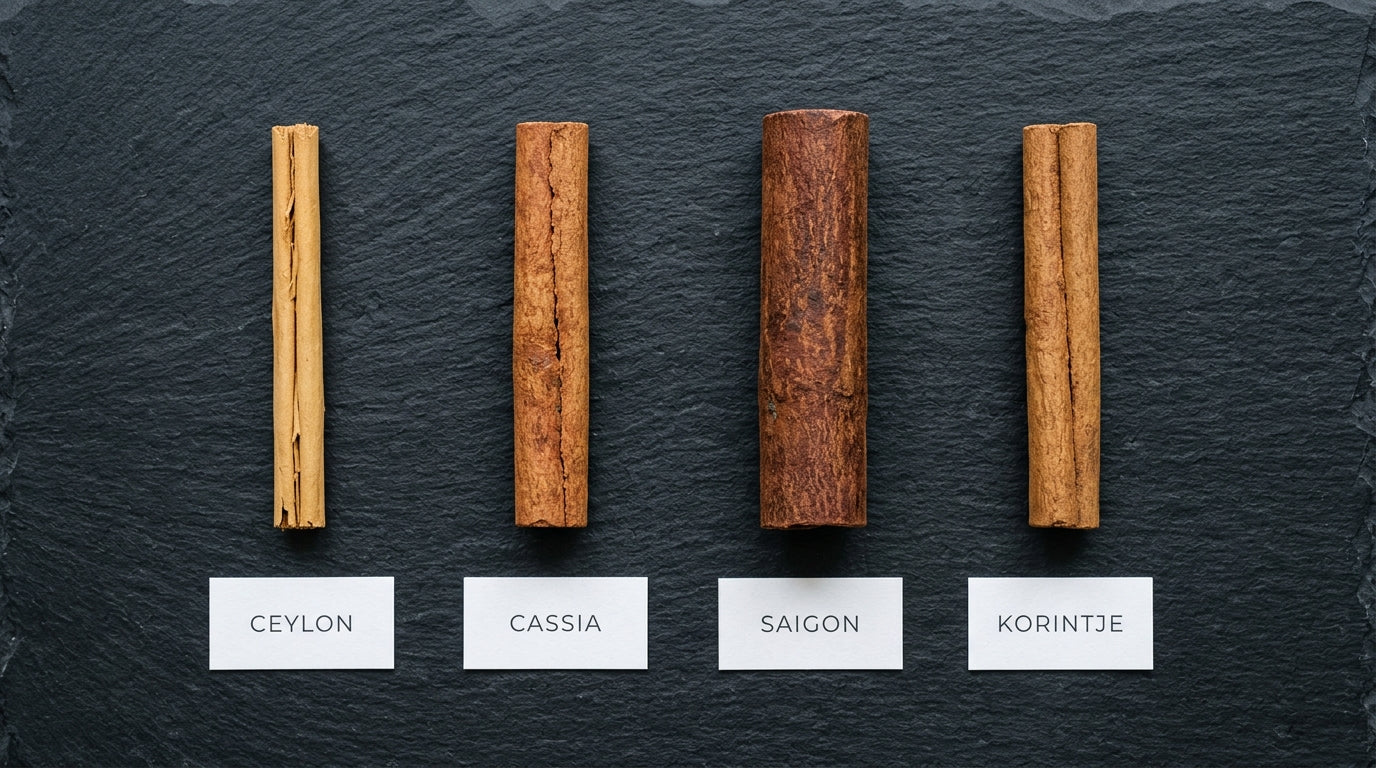 four types of cinnamon sticks side by side — Ceylon, Chinese cassia, Saigon, and Korintje comparison