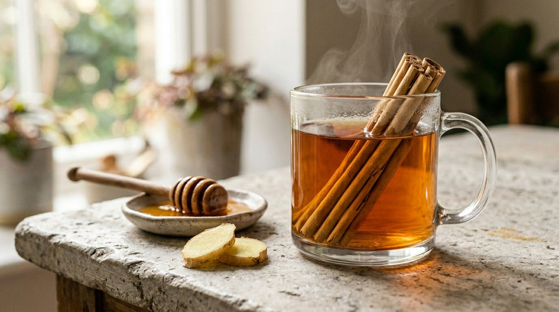 A clear glass mug filled with deep amber Ceylon cinnamon tea sits on a pale grey weathered stone surface