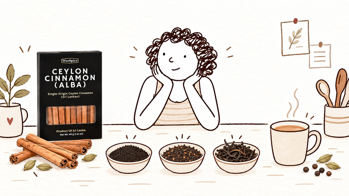 Illustration of the WeeSpice mascot comparing black tea leaf styles beside masala chai and real Ceylon Cinnamon Alba packaging