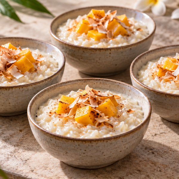 Coconut rice pudding with mango and toasted coconut