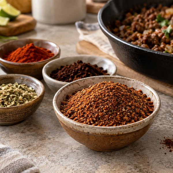 Homemade chili-powder blend with spices and a skillet of taco filling