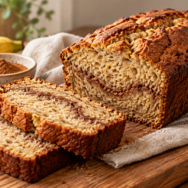 Cinnamon banana bread loaf with a cinnamon swirl and two slices