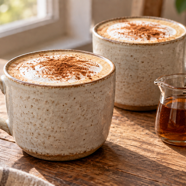 Two cinnamon dolce lattes beside cinnamon syrup and a quill