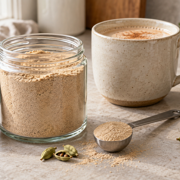Jar of dry chai latte mix with a prepared mug and whole spices