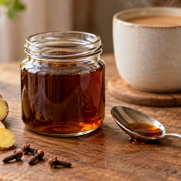 Jar of gingerbread coffee syrup with ginger and whole spices