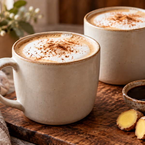 Warm gingerbread lattes with cinnamon, ginger, and molasses nearby