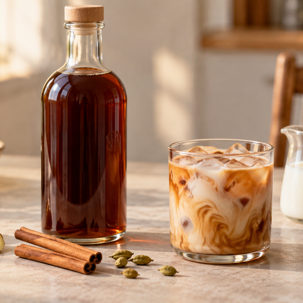 Bottle of homemade chai concentrate beside an iced chai latte and whole spices