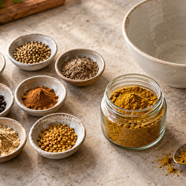 Homemade curry powder with measured spices ready for mixing