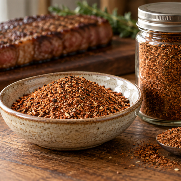 Pepper-forward steak dry rub in a bowl beside a measuring spoon