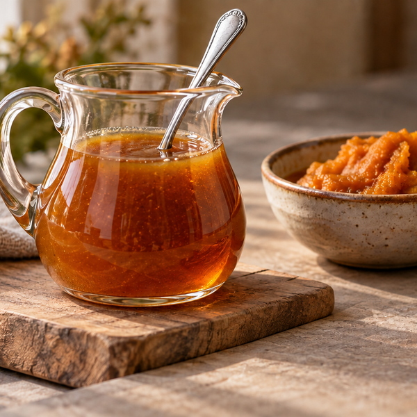 Pumpkin spice syrup beside pumpkin puree, cinnamon, and mace