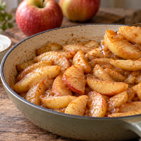 Stovetop cinnamon apples in a skillet with glossy sauce and yogurt