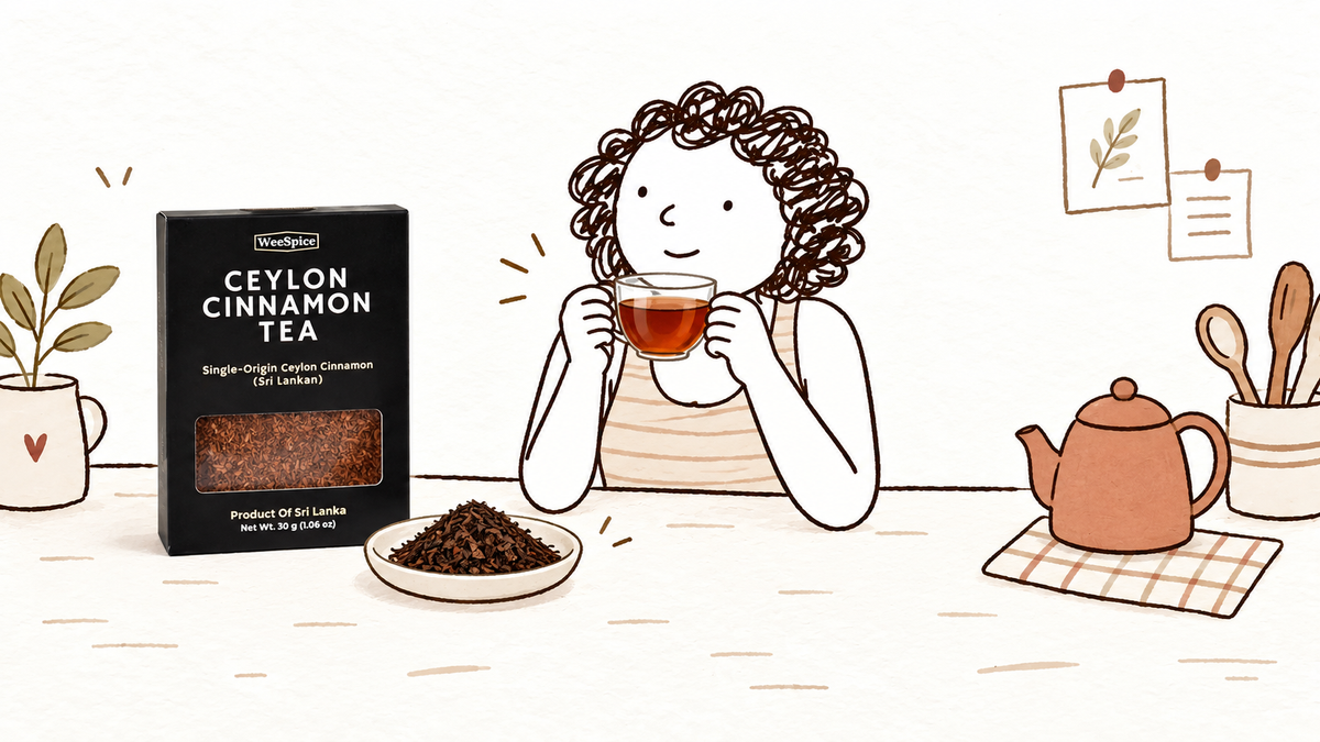 Illustration of the WeeSpice mascot holding an amber tea cup beside real Ceylon Cinnamon Tea packaging and loose tea leaves