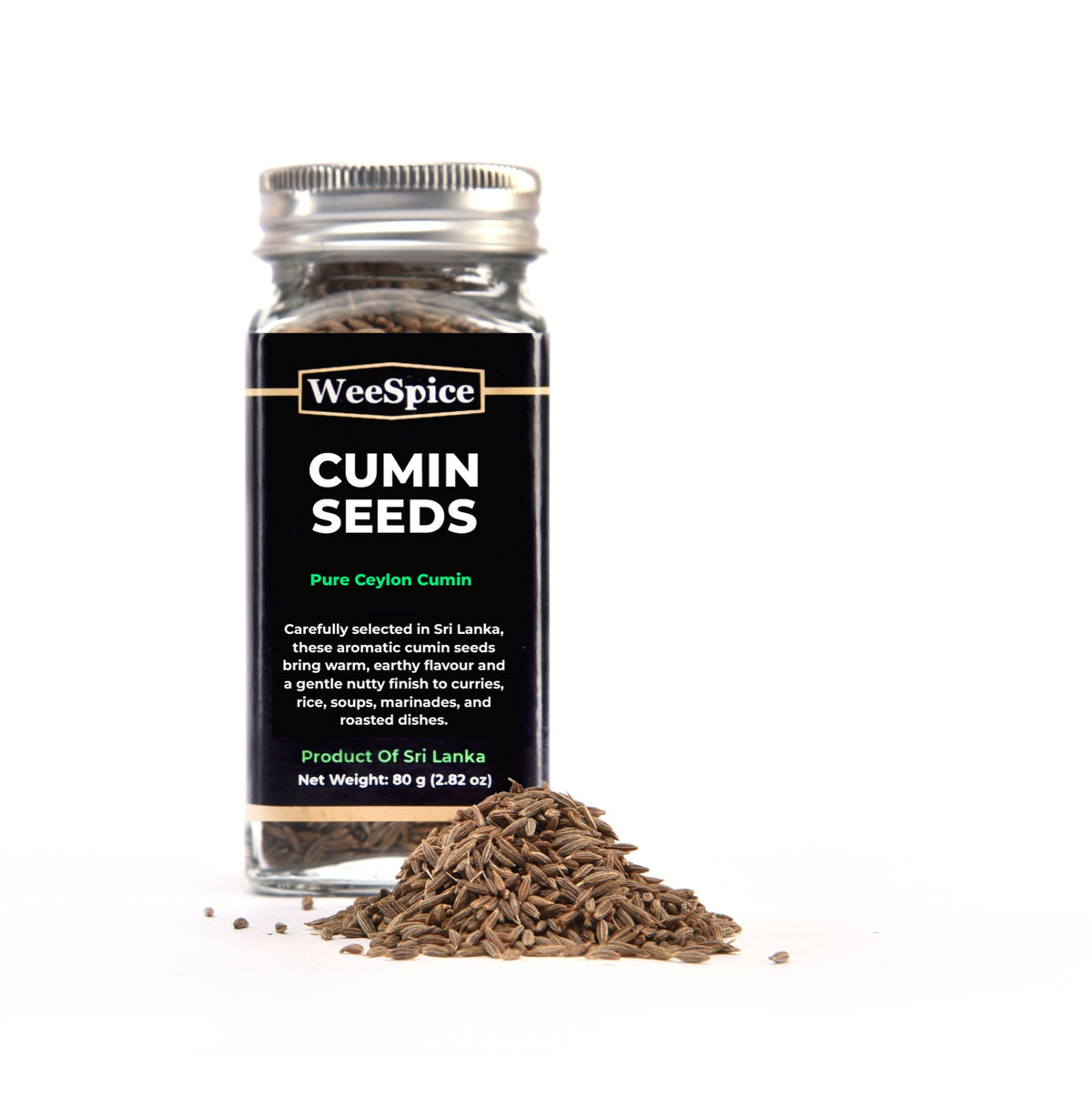 WeeSpice Ceylon Cumin Seeds in a 80 g (2.82 oz) glass bottle