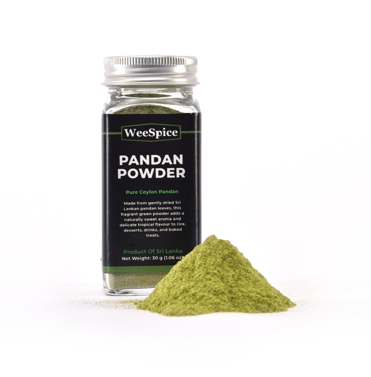 WeeSpice Ceylon Pandan Leaf Powder in a 30 g (1.06 oz) glass bottle