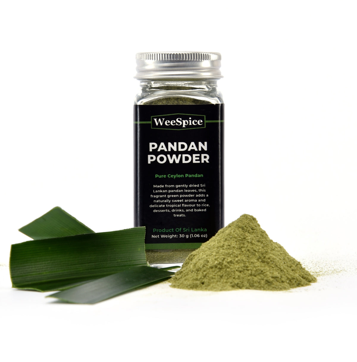 WeeSpice Ceylon Pandan Leaf Powder glass bottle with fresh pandan leaves