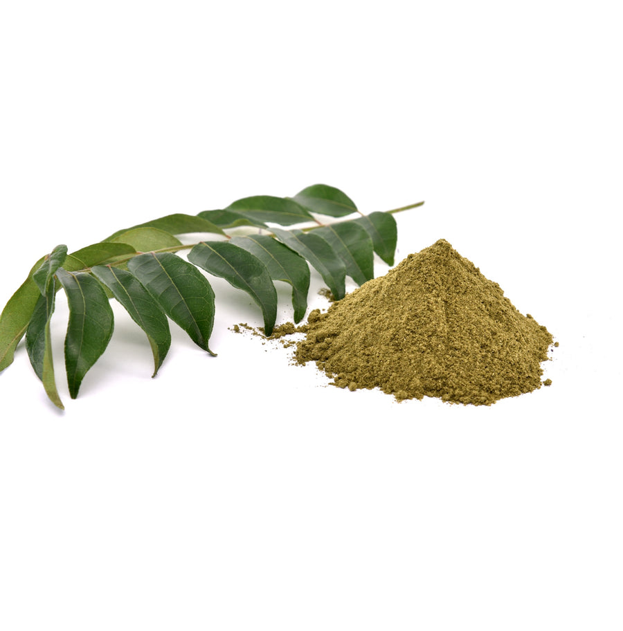 Ground Sri Lankan curry leaves powder (karapincha) with a fresh curry leaf
