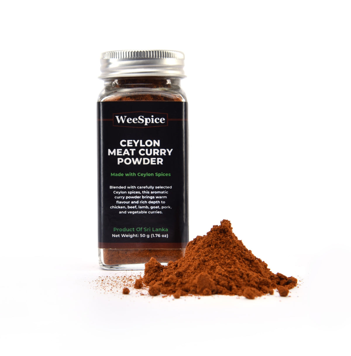 WeeSpice Meat Curry Powder in a 50 g (1.76 oz) glass bottle