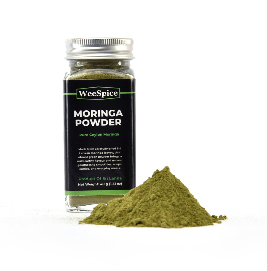 WeeSpice Moringa Leaf Powder in a 40 g (1.41 oz) glass bottle